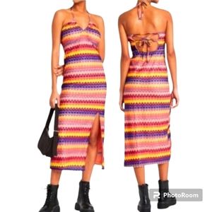 NWT Wild Fable Size Small Multi-Color Crochet Lace-Up Back Halterneck Midi Dress
